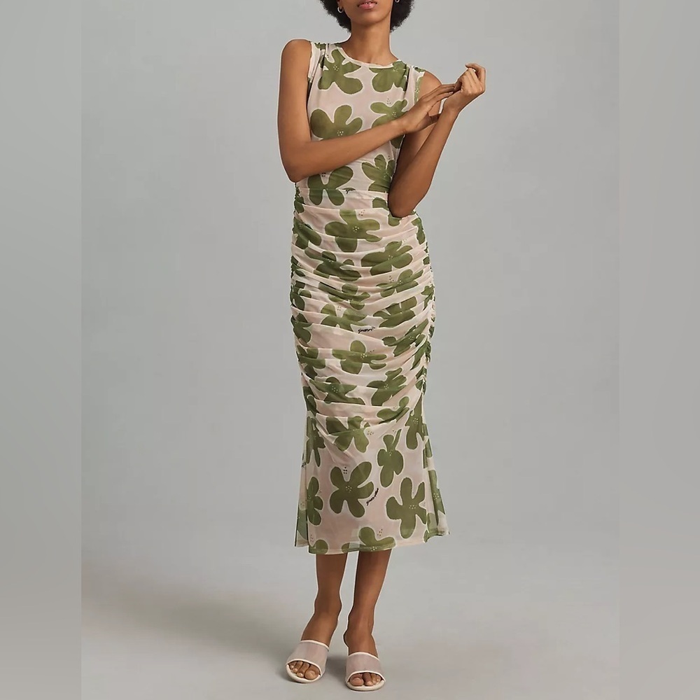 Simon Miller Tangier Printed Mesh Midi Dress in Green Seashell Flora Size L - Picture 5 of 15